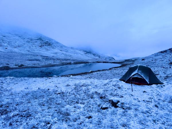 Red Tarn (Langdale) in the snow Looking towards mist covered Crinkle Crags